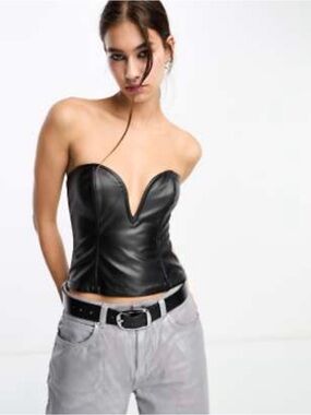ASOS Design PU Super Plunge Strapless Black Bustier Top